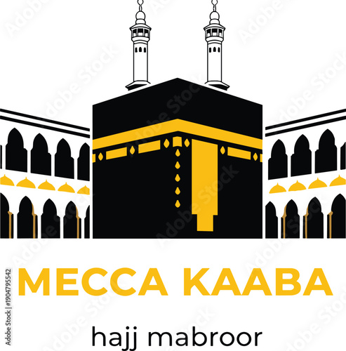 Stylized illustration of Mecca Kaaba with golden Kiswah details, Islamic mosque arches and minarets, symbolizing Hajj pilgrimage spirituality and faith
