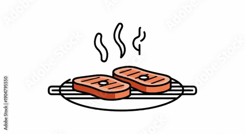 Two juicy steaks grilling on a barbecue rack with steam rising.