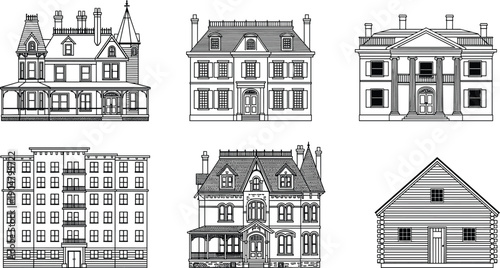 Vintage architectural building illustration set featuring classic houses, mansions, townhouse facades, apartment blocks, and traditional wooden homes isolated on white