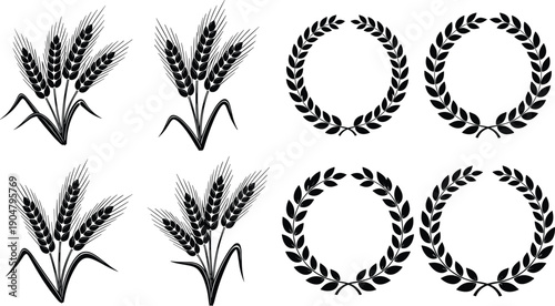 Wheat ears and laurel wreath silhouettes set, agriculture harvest symbols and award decorative elements illustration isolated on white
