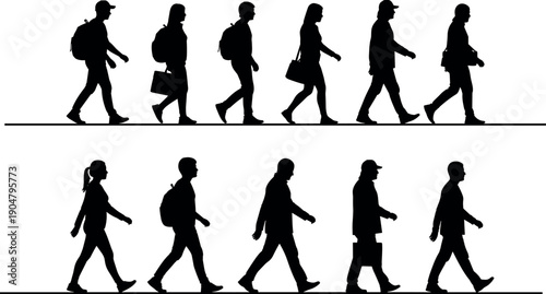 Silhouette of a diverse group of people walking in profile view with backpacks and bags for urban commute and travel