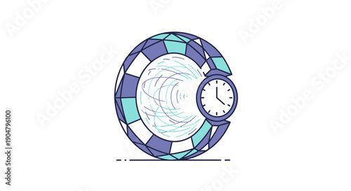 Abstract time management concept featuring a dynamic geometric orb and analog clock icon
