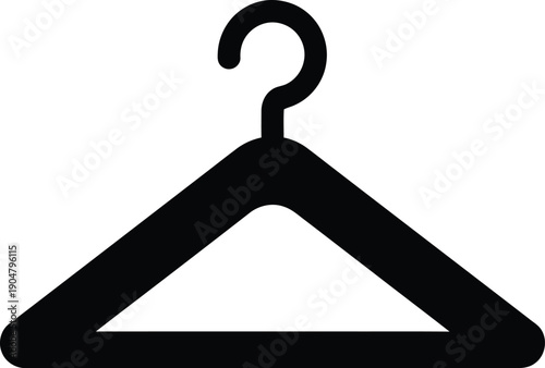 A simple black icon of a clothes hanger, representing clothing storage and organization, isolated on a white background.
