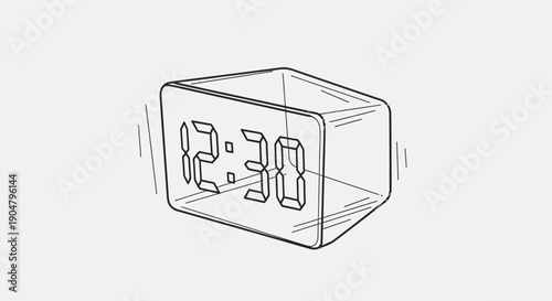 Minimalist black and white line art illustration of a digital alarm clock displaying 12:30 and