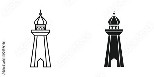Two simplified black and white depictions of islamic minarets are shown one outlined and one filled high quality professional detailed modern elegant stylish clean crisp vibrant