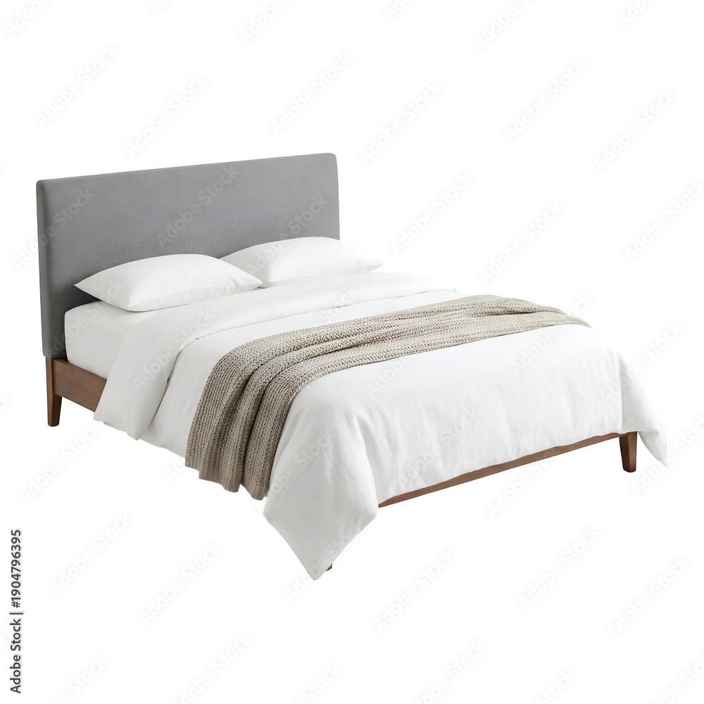 Fototapeta premium Comfortable Bed with Gray Headboard and White Linens, Isolated on Transparent Background