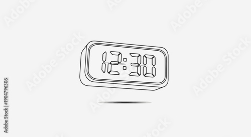 Simple black and white line art drawing of a digital alarm clock displaying 12:30 on a clean