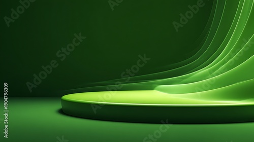 Abstract green geometric form with a glowing layered curved pedestal