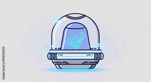 Modern clean line art illustration of a futuristic energy containment capsule with a vibrant blue