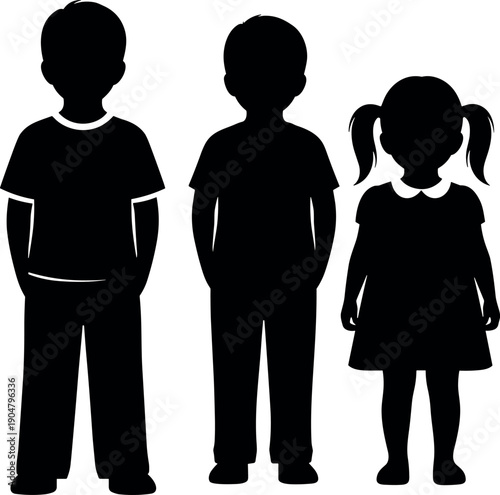 Silhouette of Three Children Standing Together Including Two Boys and One Girl with Pigtails Isolated on White Background for Design