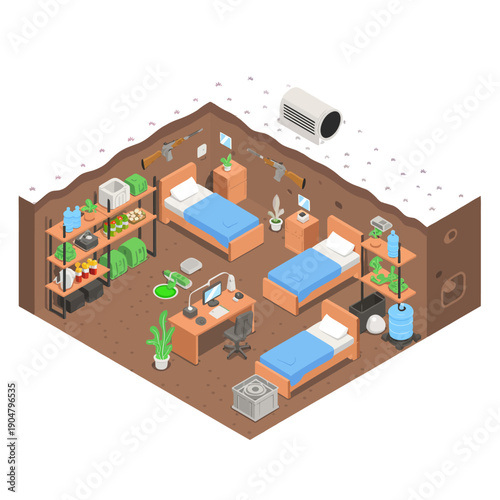 Isometric illustration of underground bunker interior with beds and supplies