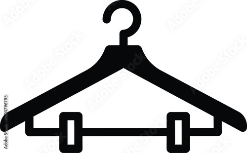 A black silhouette icon of a clothes hanger with clips for pants or skirts, isolated on a white background