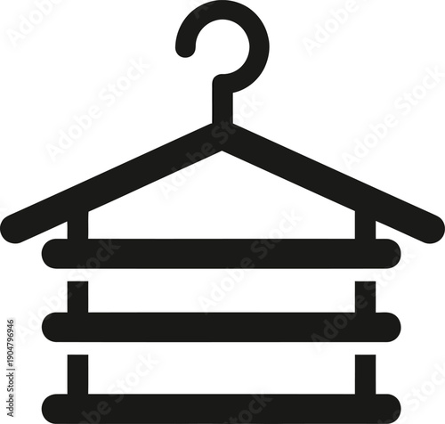 A minimalist black line icon illustrating a stylized multi-tiered clothes hanger on a white background