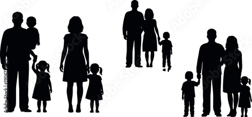 Vector Silhouette Illustration of Diverse Family Groups and Happy Parents with Children Isolated on White Background for Family Concept Design