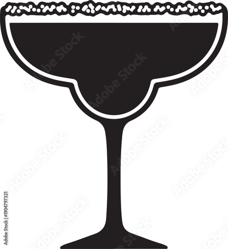 Black and white illustration of salted rim cocktail glass on transparent background