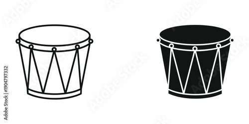 A pair of simple black and white drum illustrations showcasing a traditional cylindrical percussion instrument high quality professional detailed modern elegant stylish clean crisp vibrant colorful