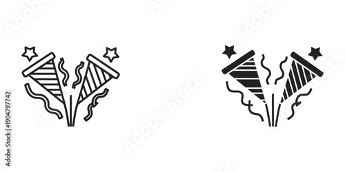 Two depictions of party poppers one outlined and one filled emitting confetti and sparks high quality professional detailed modern elegant stylish clean crisp vibrant colorful digital