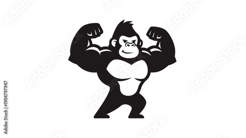 Strong gorilla posing with flexed muscles silhouette on white background