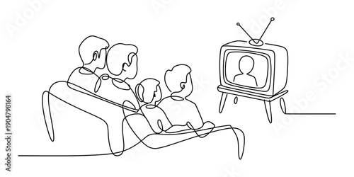 Continuous line drawing of a family sitting on a couch watching an old television set together Vector, illustration