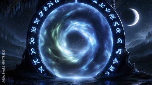 Mystical Portal In A Dark Forest: Cosmic Swirl Of Runes, Light And Fantasy