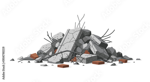 Detailed illustration of a large heap of construction rubble, showcasing broken concrete, exposed rebar, bricks, and