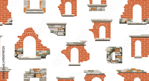 Seamless pattern featuring various distressed brick wall fragments, broken archways, and decaying stone structures,