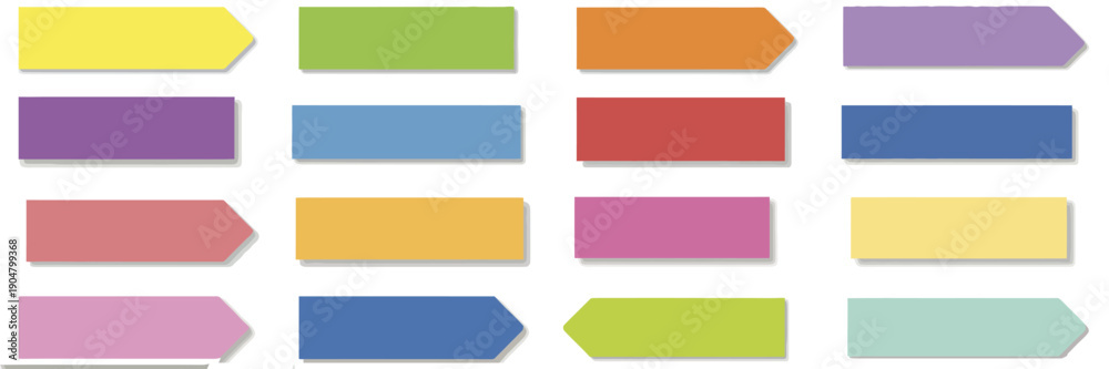 Fototapeta premium Bright sticky style labels with flat and arrow tips in various colors, ideal for planners, bookmarks, reminders, web design elements, educational visuals, and creative organization projects.