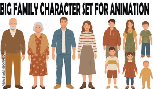 Cartoon family creation kit. Parents, children and grandparents characters constructor. Big family, mascot emotions, body gesture and hairstyle. Isolated vector illustration symbols set