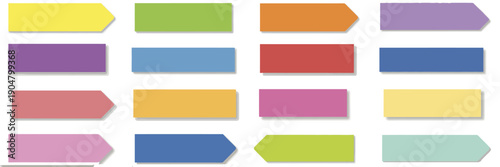 Bright sticky style labels with flat and arrow tips in various colors, ideal for planners, bookmarks, reminders, web design elements, educational visuals, and creative organization projects.