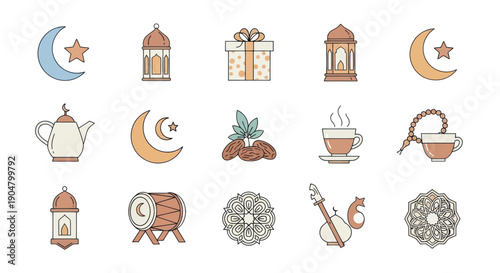 Ramadan Icons: Crescent Moon, Lantern, Gift, Dates, Coffee, Drum, Musical Instrument
