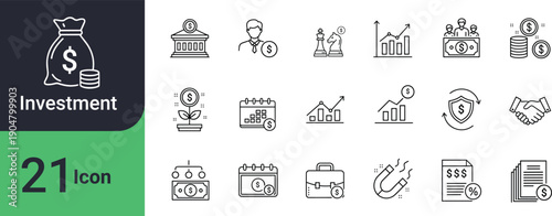 Financial investment icons and symbols displayed in a linear style