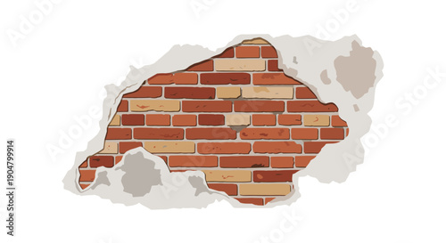 Damaged plaster wall with a ragged hole revealing a classic red and beige brick wall underneath, showcasing hidden