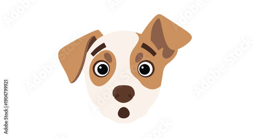 Cute cartoon depiction of a brown and white puppy's head with wide, surprised eyes and an open mouth, conveying an