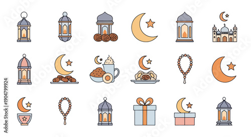 Ramadan Icons: Lanterns, Crescent Moon, Mosque, Dates, Prayer Beads, Gift Box