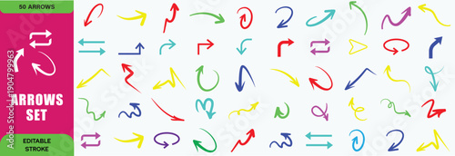 A vibrant collection of neon arrow icons in various shapes, colors and styles on a dark transparent background. The glowing symbols work well for navigation, interfaces or motion design