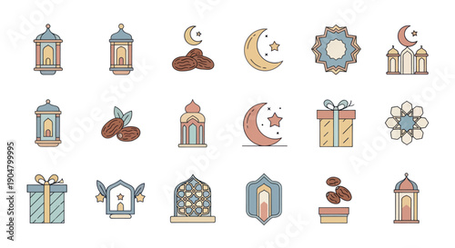 Ramadan Icons: Lanterns, Crescent Moon, Dates, Gift Boxes, Mosque and Islamic Patterns