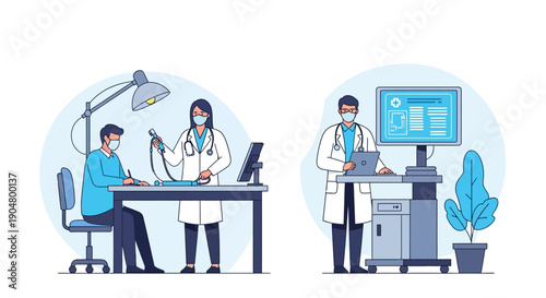 Healthcare Examination Scene: Doctors, Patient, and Modern Medical Equipment Using Ultrasound Technology and EHR in Clinic