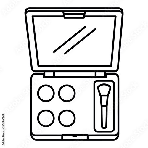 Simple outline illustration of an open makeup compact case with a mirror and four circular wells for eyeshadows and a brush