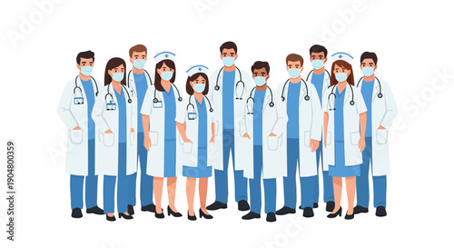 Group of Diverse Medical Staff Wearing Face Masks. Healthcare Team of Doctors and Nurses Isolated on White Background.