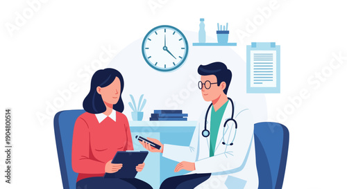 Doctor and Patient Consultation Illustration. Healthcare Communication, Medical Check-up, Dialogue, and Diagnosis in a Professional Clinic Environment.