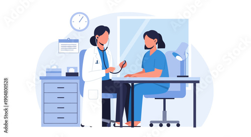 Doctor Consulting Patient: Medical Examination and Healthcare Check-up in Clinic Office. Flat Vector Illustration of Primary Care Visit.