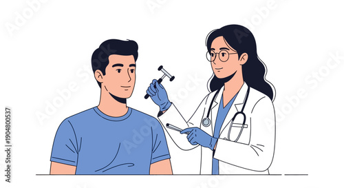 Female Doctor Performing Neurological Examination on Male Patient with Reflex Hammer. Routine Medical Check-up Illustration.