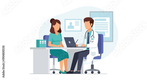 Doctor and Patient Consultation in Medical Office. Physician Discussing Diagnosis and Health Record on Laptop.