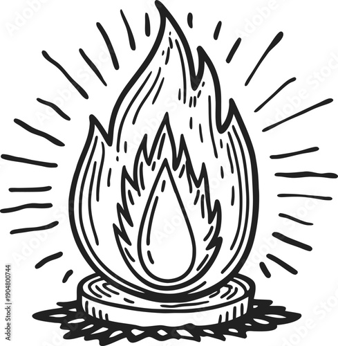 Stylized flame and drop symbol, black and white hand drawn design radiant fire illustration with energy and heat concept
