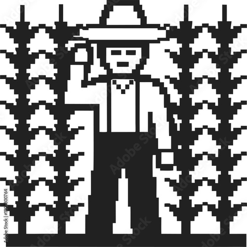 Pixel art farmer standing in cornfield wearing hat and overalls, holding a pitchfork, agriculture concept digital icon