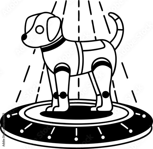 Futuristic robotic dog standing on illuminated platform with vertical light beams in sci fi