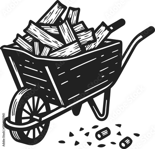 Wheelbarrow filled with firewood logs and wood pellets on the ground, rustic woodcut illustration