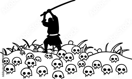 Samurai warrior silhouetted against a field of skulls with sword raised