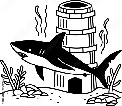 Shark swimming near underwater sunken tower with coral and rocks on ocean floor