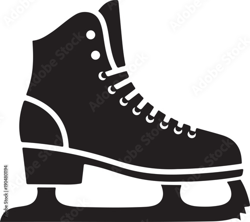 Black ice skate boot with white accents and laces on transparent background